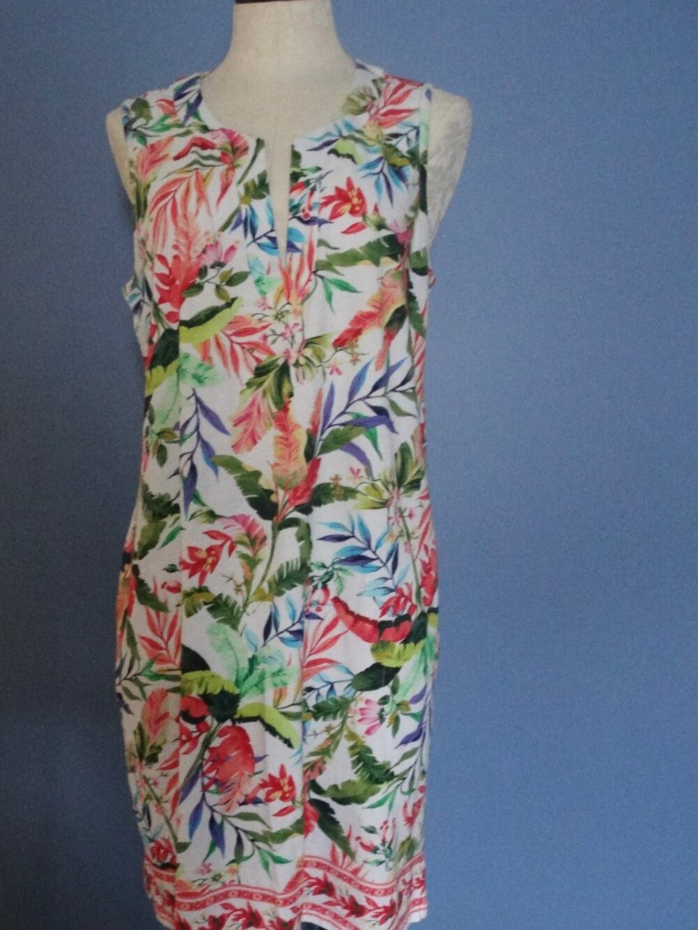 Land's End 100% Cotton knit Trop-ical Prtint Dress LARGE - Cruise, Resort Beach